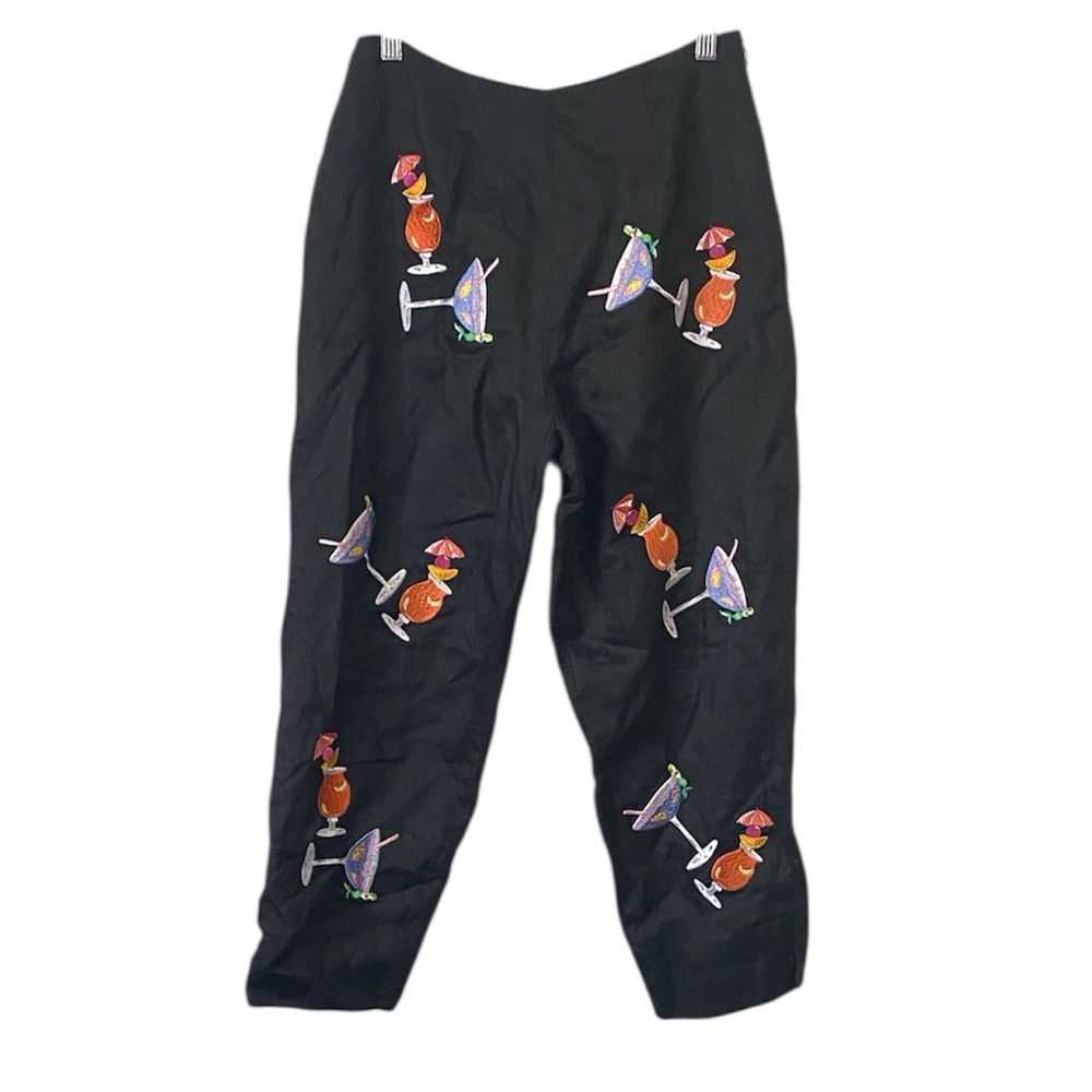 CJ Laing linen cropped pants colorful martini glass tropical drink embroidery 8
